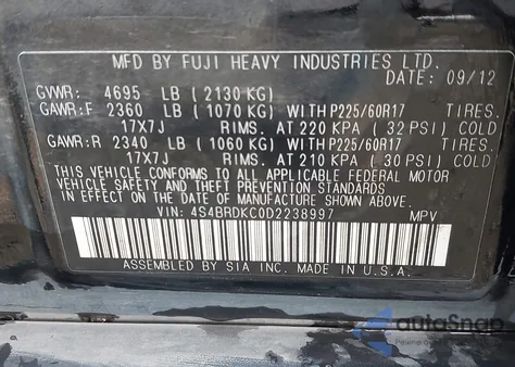 2013 Subaru Outback 3.6R Limited from USA, damaged, VIN 4S4BRDKC0D2238997